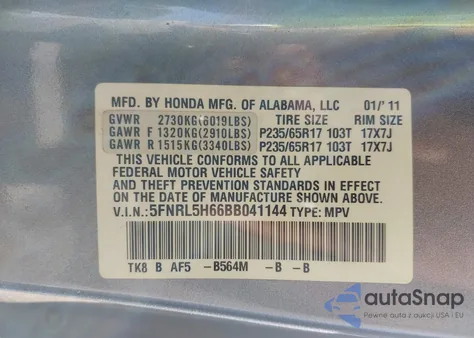 2011 Honda Odyssey Ex-L from USA, damaged, VIN 5FNRL5H66BB041144